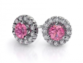 Halo Martini Round Cut Diamond &amp; Pink Sapphire Earrings